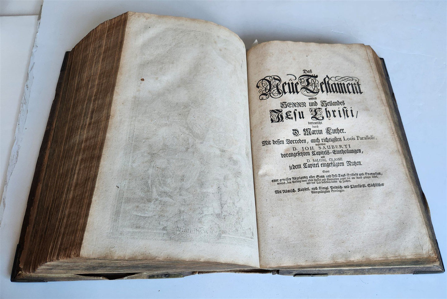 1755 BIBLE in GERMAN ANTIQUE illustrated PIGSKIN MASSIVE FOLIO w/ BRASS CORNERS