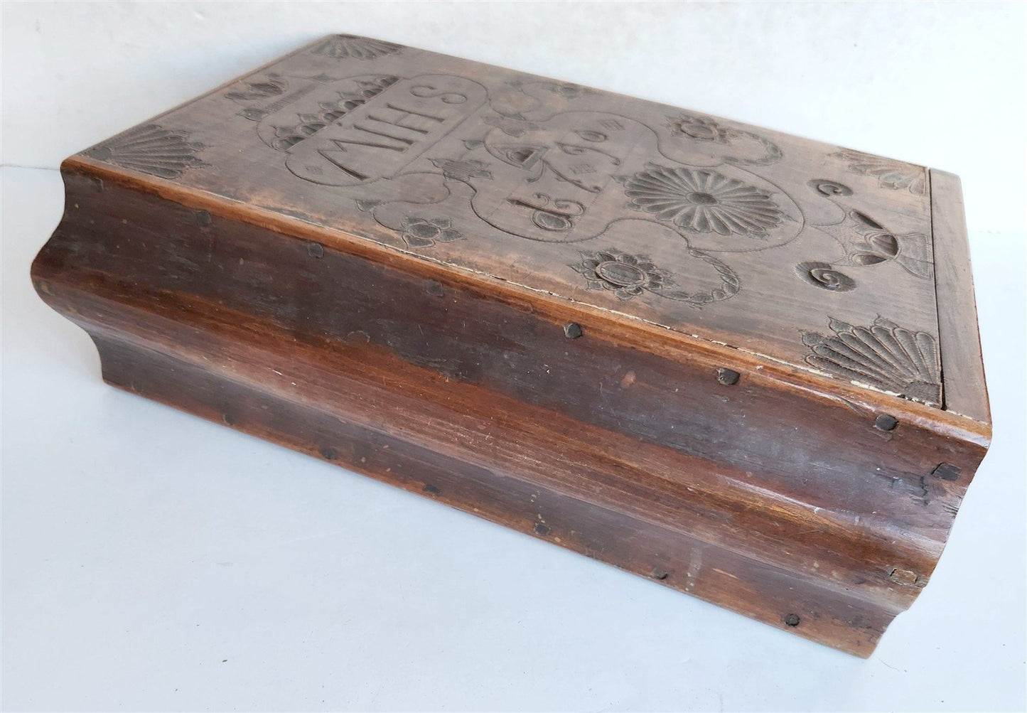 1790 BIBLE BOX HAND CARVED WOOD antique RARE SHAPE
