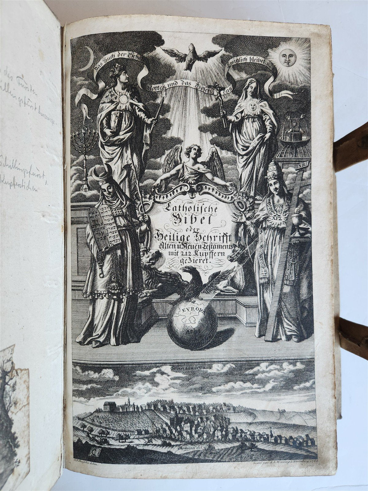 1763 BIBLE in GERMAN antique PIGSKIN BOUND FOLIO ILLUSTRATED w/ 212 ENGRAVINGS