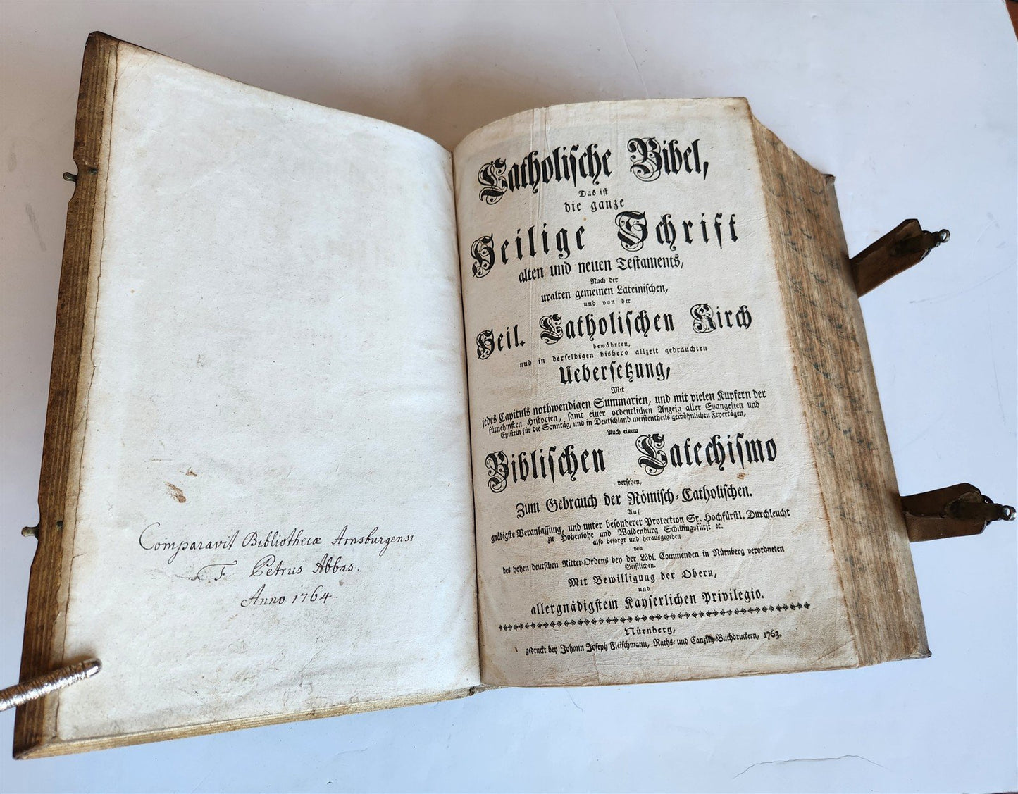 1763 BIBLE in GERMAN antique PIGSKIN BOUND FOLIO ILLUSTRATED w/ 212 ENGRAVINGS
