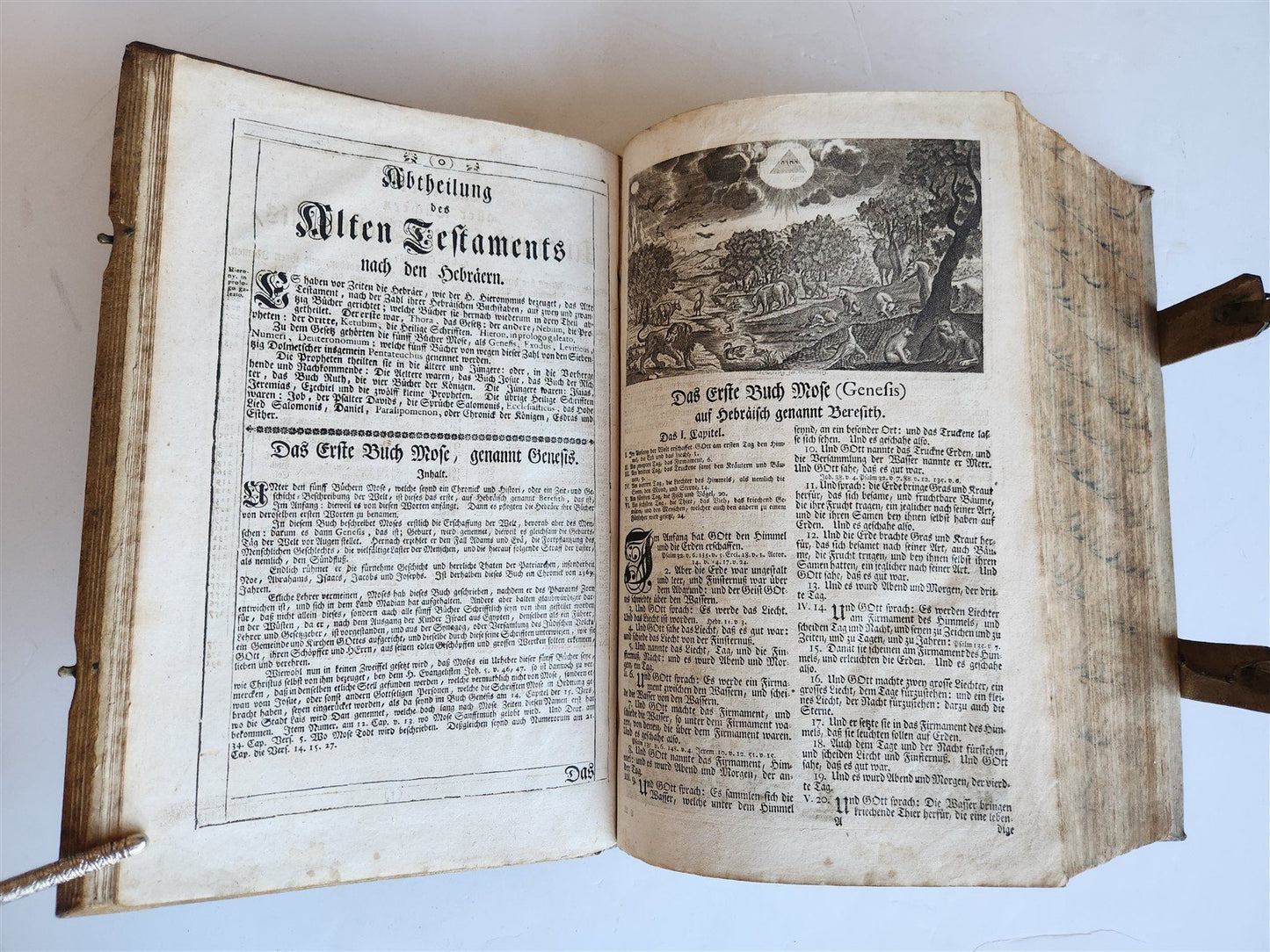 1763 BIBLE in GERMAN antique PIGSKIN BOUND FOLIO ILLUSTRATED w/ 212 ENGRAVINGS