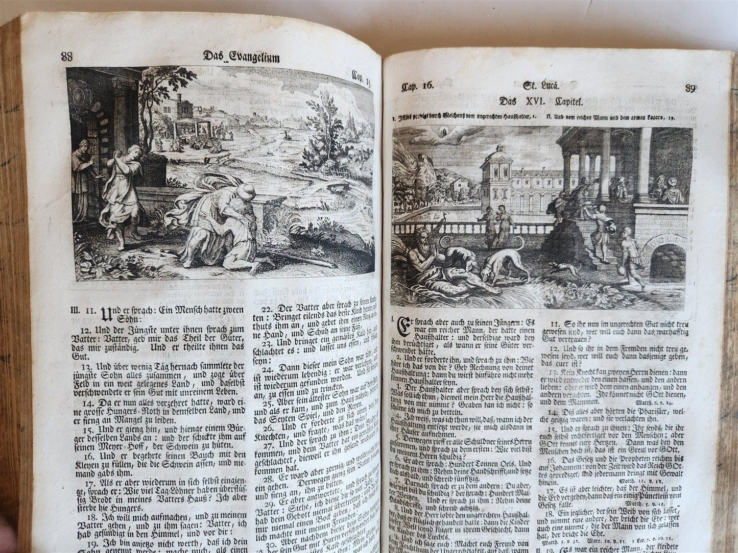1763 BIBLE in GERMAN antique PIGSKIN BOUND FOLIO ILLUSTRATED w/ 212 ENGRAVINGS