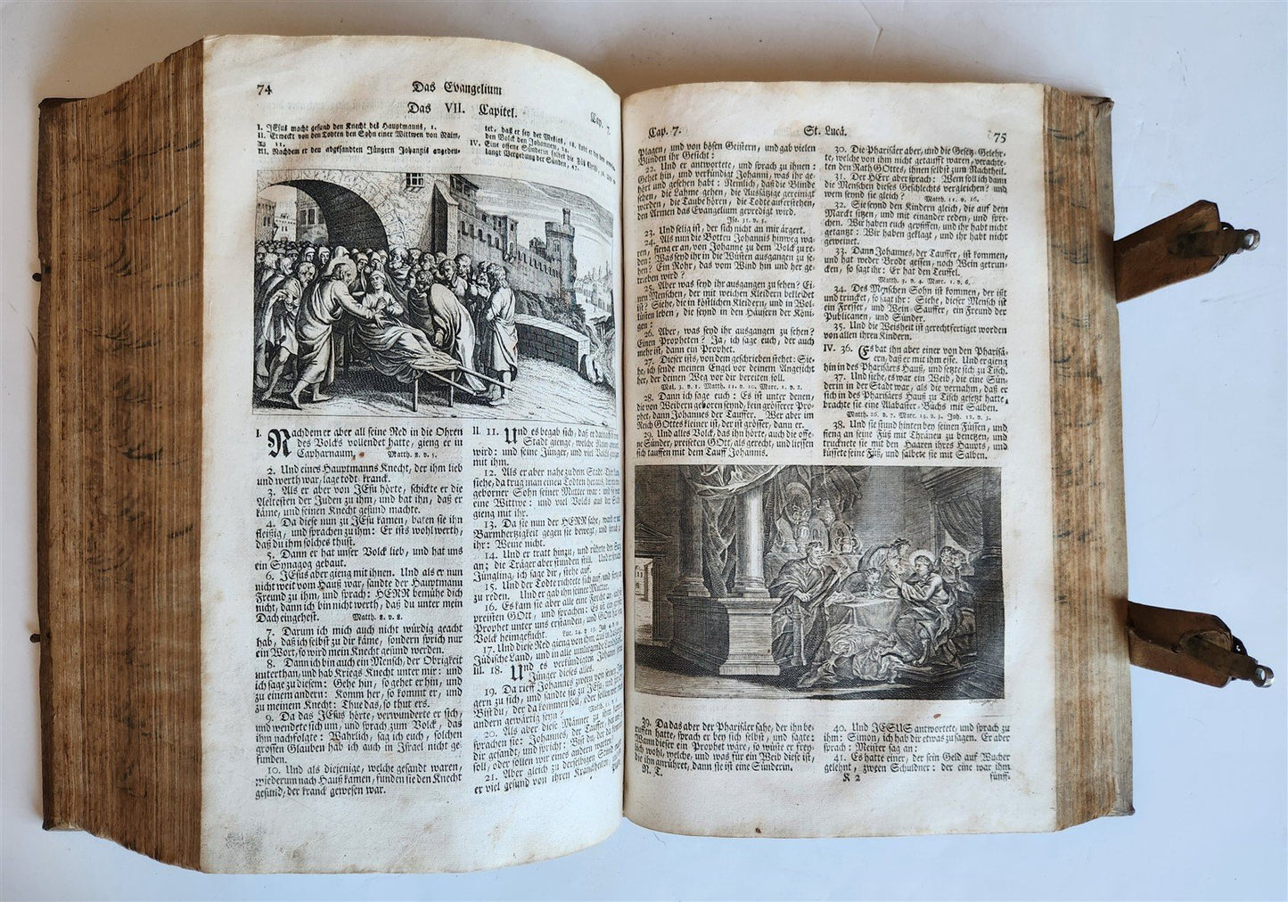1763 BIBLE in GERMAN antique PIGSKIN BOUND FOLIO ILLUSTRATED w/ 212 ENGRAVINGS