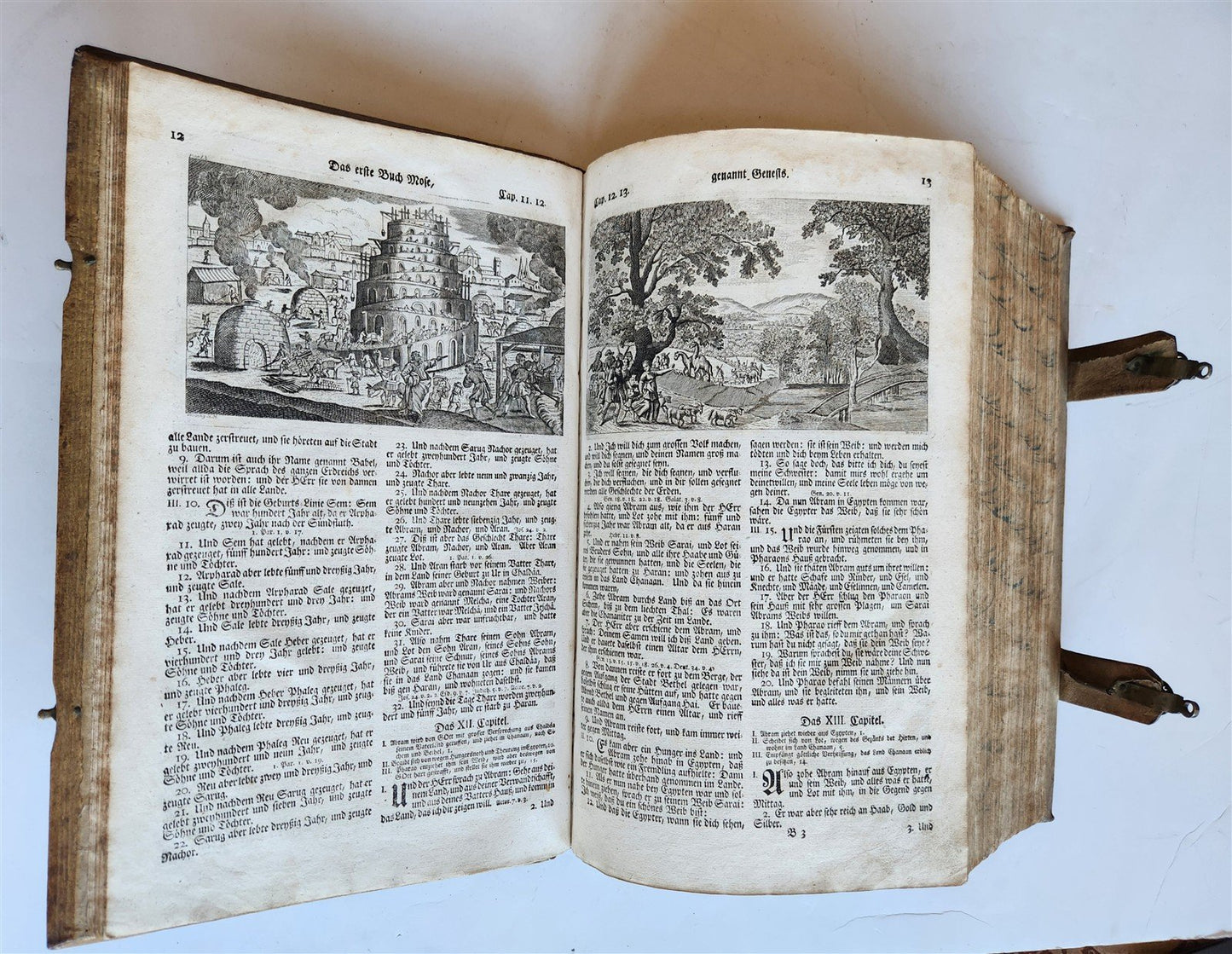 1763 BIBLE in GERMAN antique PIGSKIN BOUND FOLIO ILLUSTRATED w/ 212 ENGRAVINGS