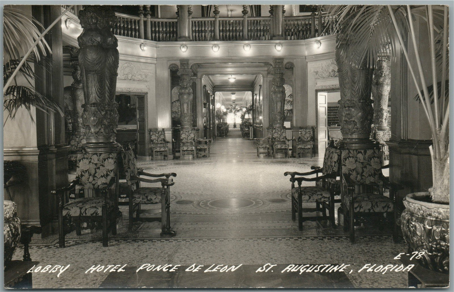 ST.AUGUSTINE FL HOTEL PONCE DE LEON LOBBY VINTAGE REAL PHOTO POSTCARD RPPC