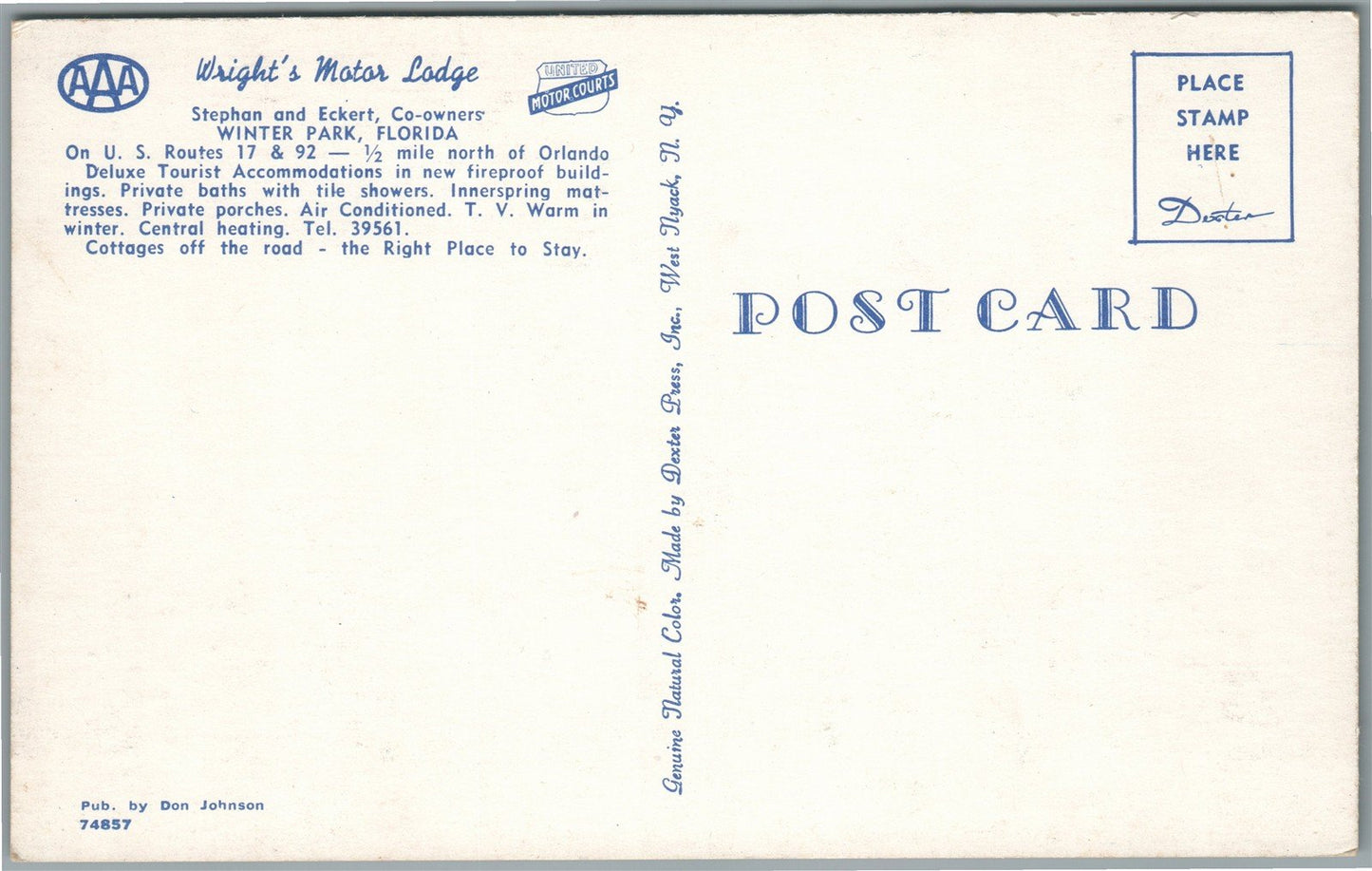 WINTER PARK FL WRIGHT'S MOTOR LODGE VINTAGE POSTCARD