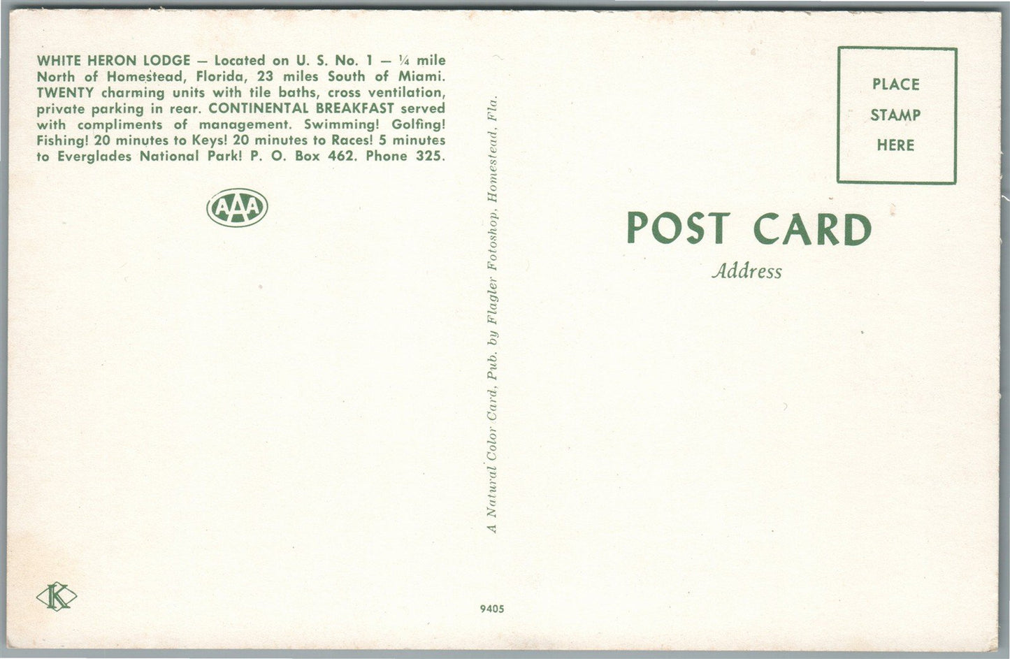 HOMESTEAD FL WHITE HERON LODGE VINTAGE POSTCARD
