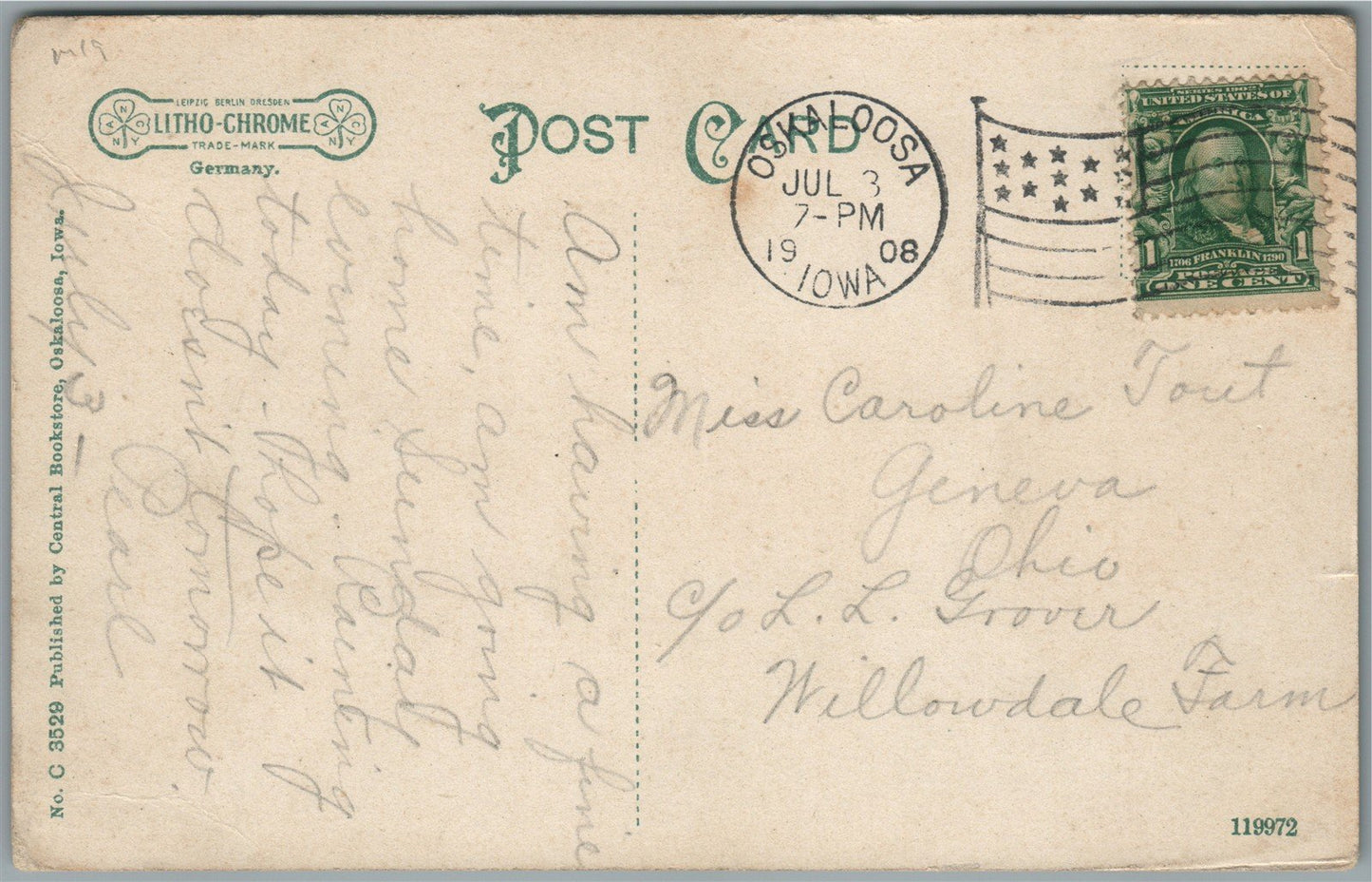 OSKALOOSA IA A AVE. ANTIQUE POSTCARD