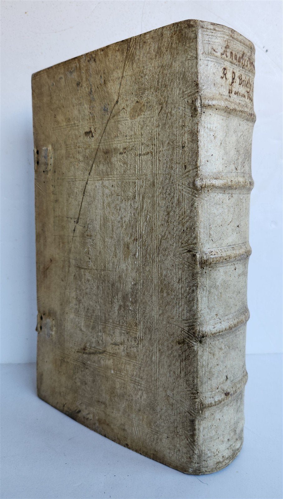 1696 WORLD'S CHRONICLE antique PIGSKIN BOUND FOLIO w/ CLASPS decorative