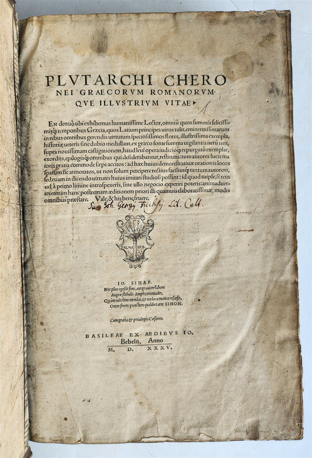 1535 LIVES OF ILLUSTRIOUS GREEKS & ROMANS by PLUTARCH antique PIGSKIN FOLIO