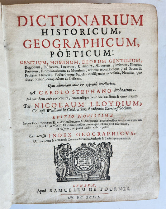 1693 DICTIONARY HISTORICAL GEOGRAPHICAL & POETICAL antique VELLUM BOUND 17th C.