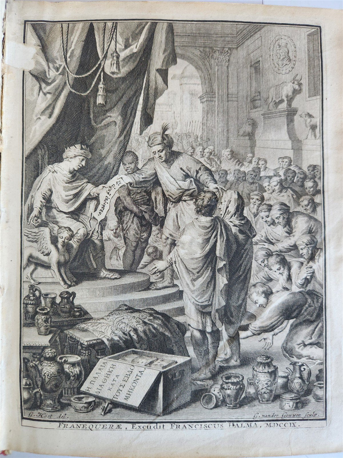 1709 BIBLE in GREEK ILLUSTRATED w/ MAPS antique GILT DECORATED VELLUM BINDING