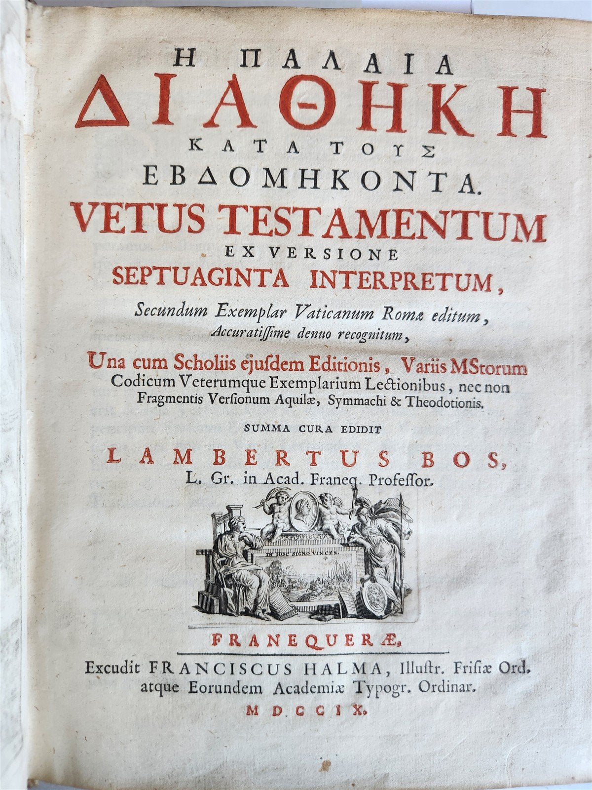 1709 BIBLE in GREEK ILLUSTRATED w/ MAPS antique GILT DECORATED VELLUM BINDING