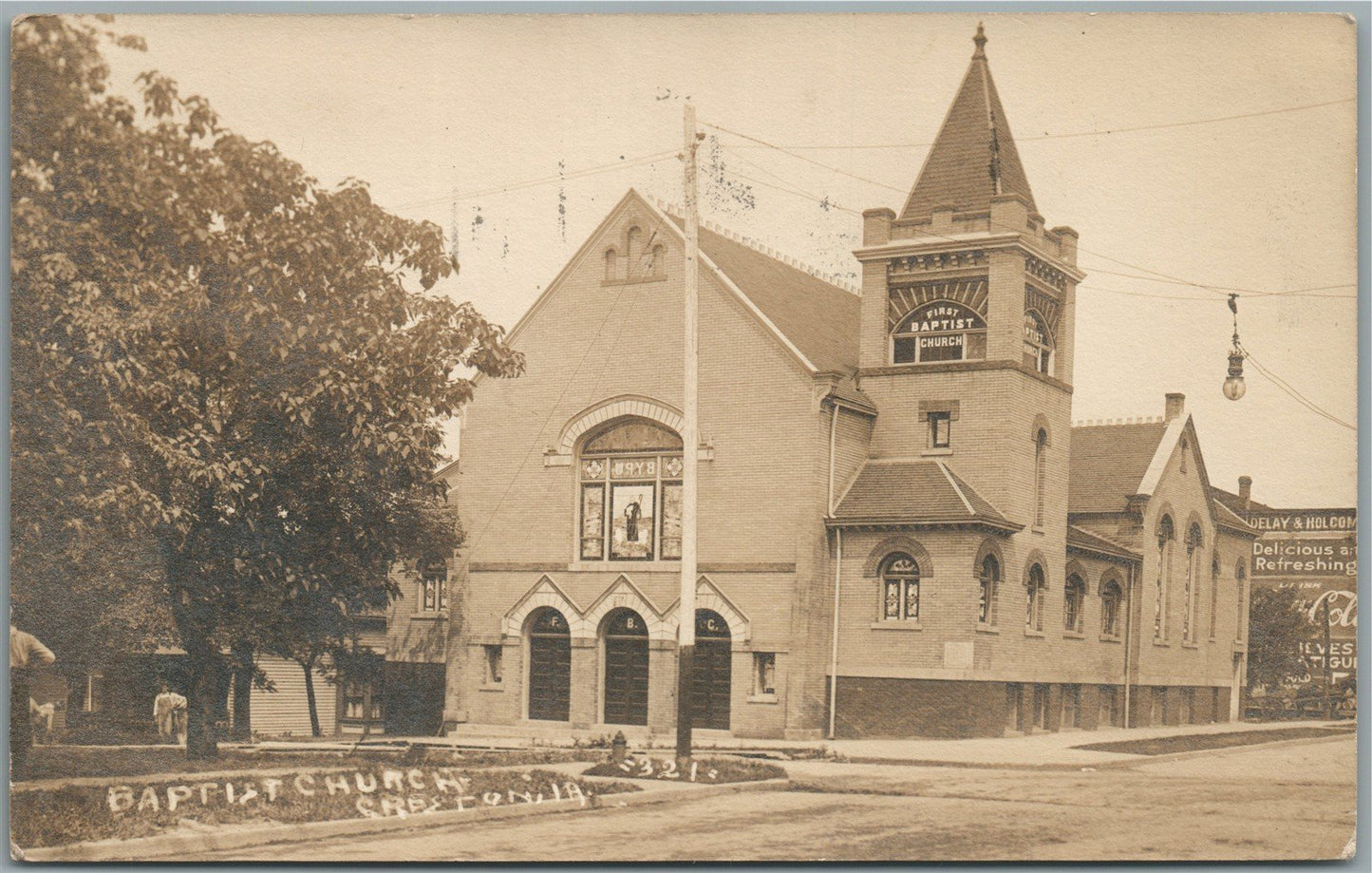 CRESTON IA BAPTIST CHURCH STREET SCENE ANTIQUE REAL PHOTO POSTCARD RPPC
