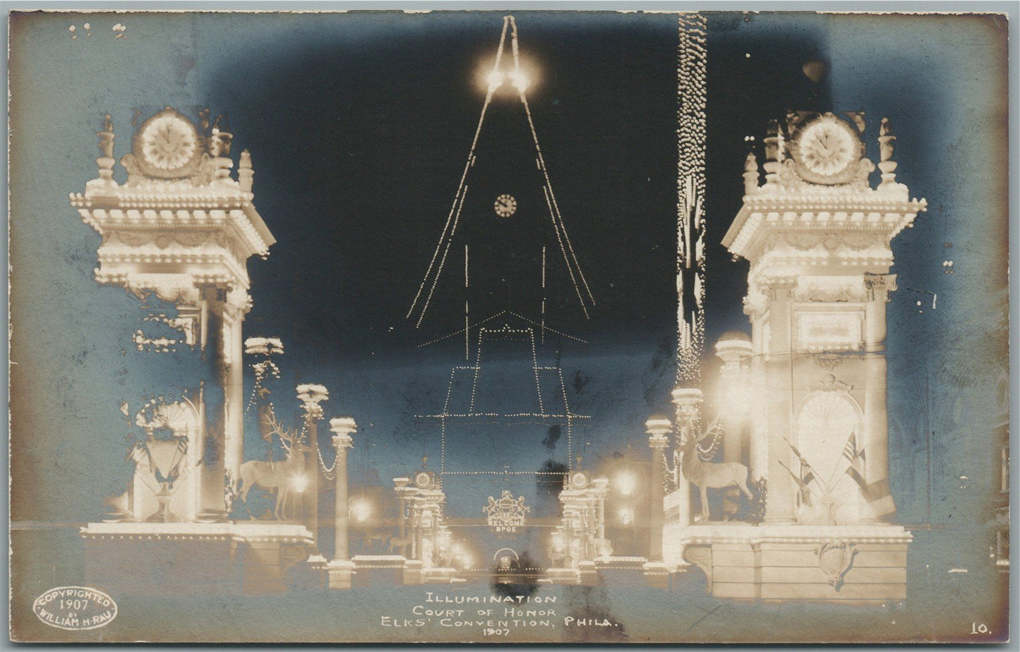 PHILADELPHIA PA ELKS CONVENTION ILLUMINATION ANTIQUE REAL PHOTO POSTCARD RPPC