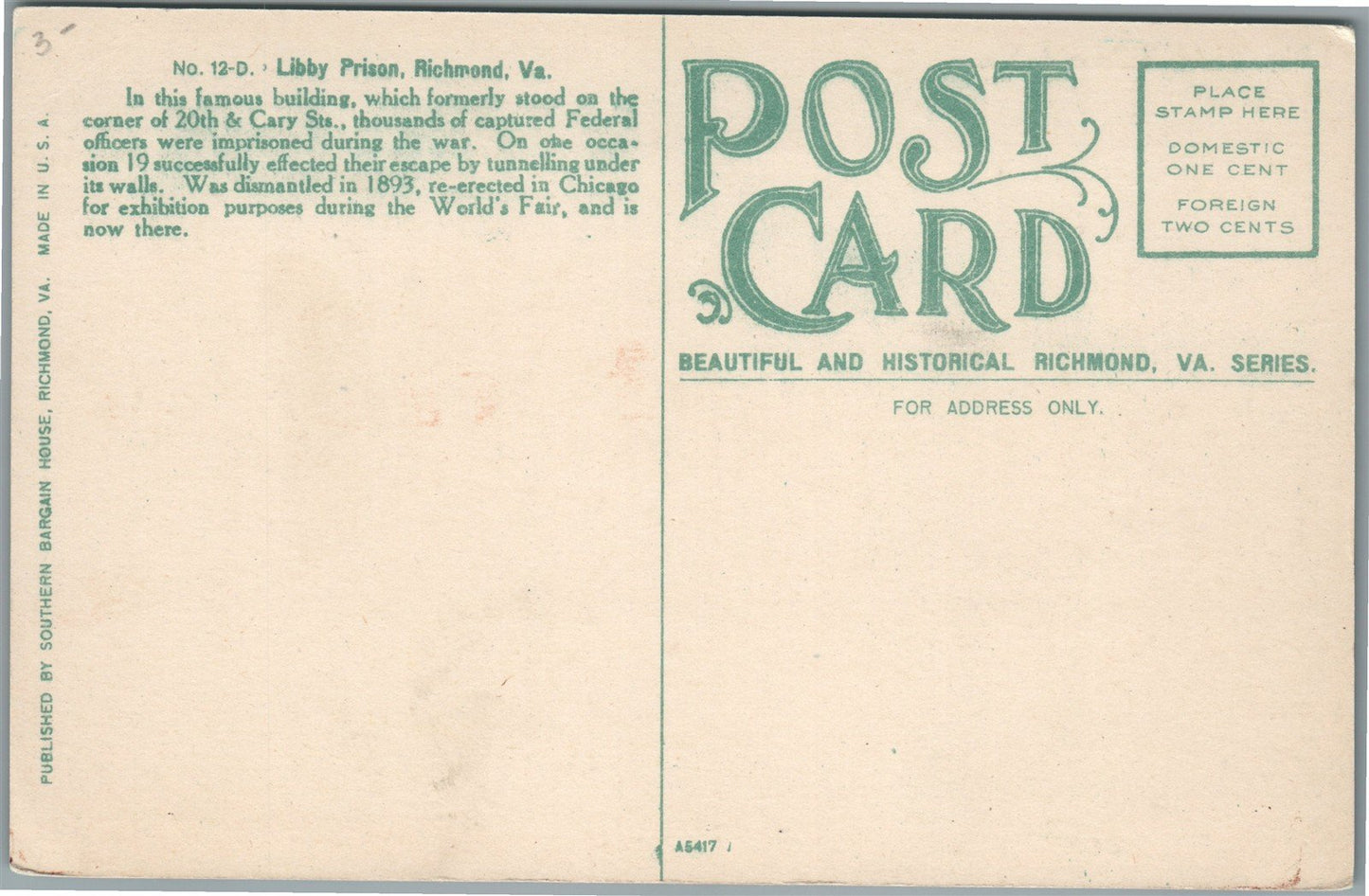 RICHMOND VA LIBBY PRISON ANTIQUE POSTCARD