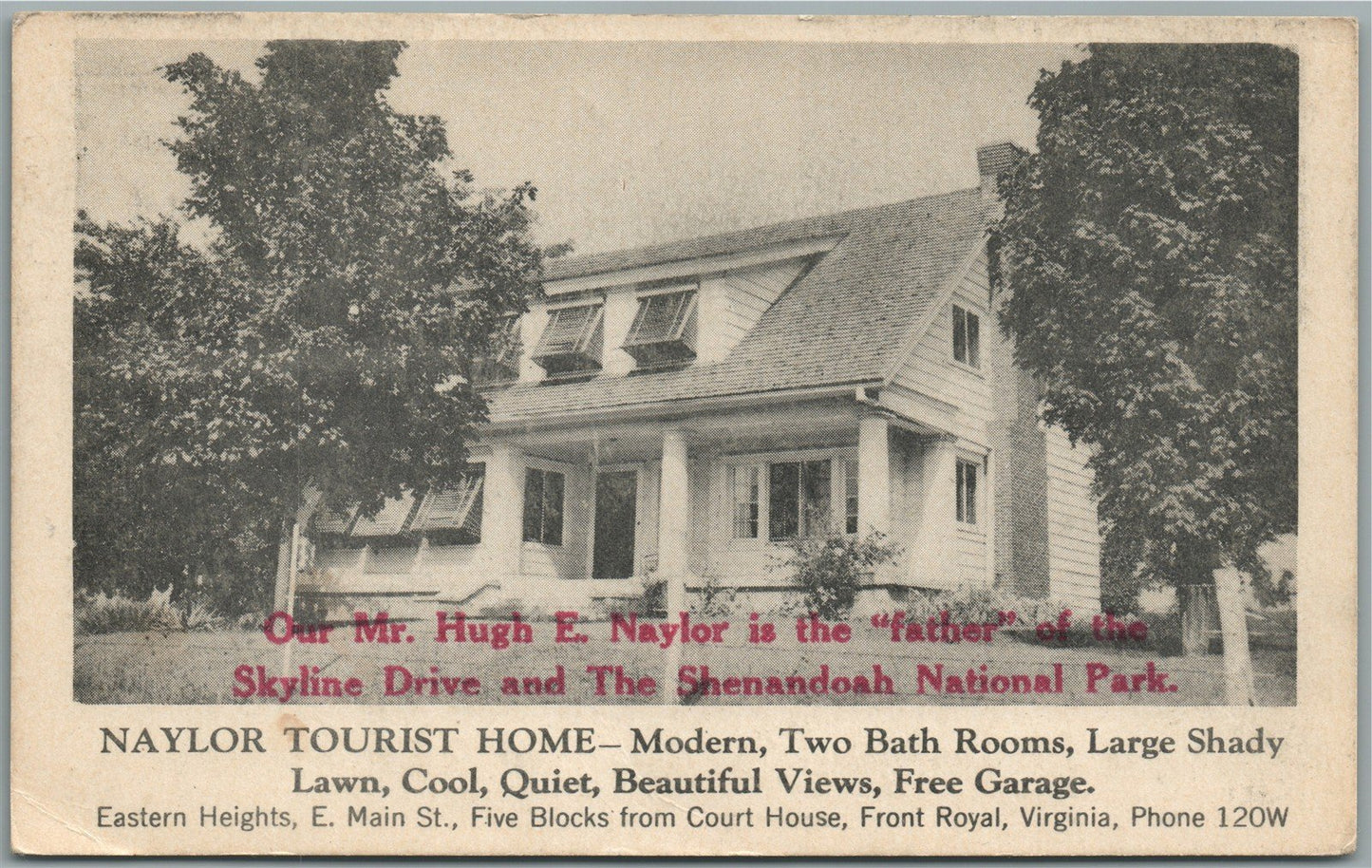 FRONT ROYAL VA NAYLOR TOURIST HOME ADVERTISING ANTIQUE POSTCARD