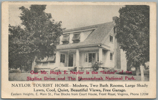 FRONT ROYAL VA NAYLOR TOURIST HOME ADVERTISING ANTIQUE POSTCARD