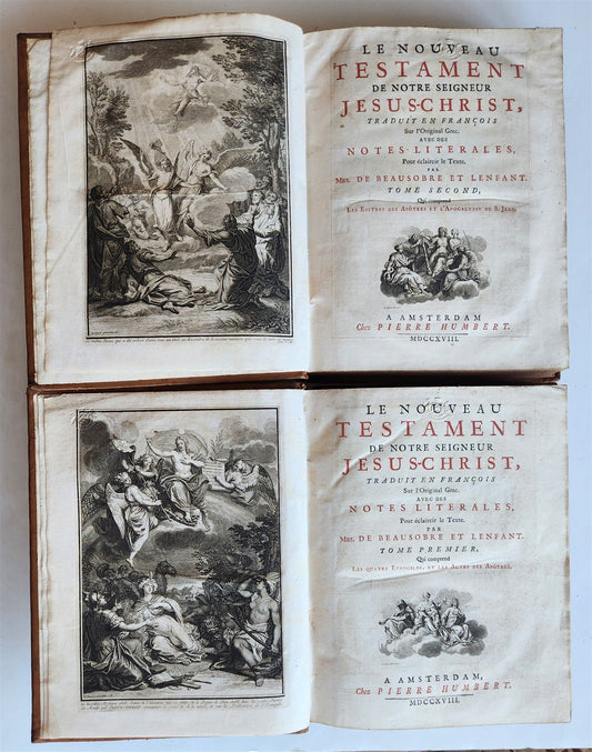 1718 BIBLE in FRENCH 2 volumes NEW TESTAMENT antique ILLUSTRATED w/ MAPS