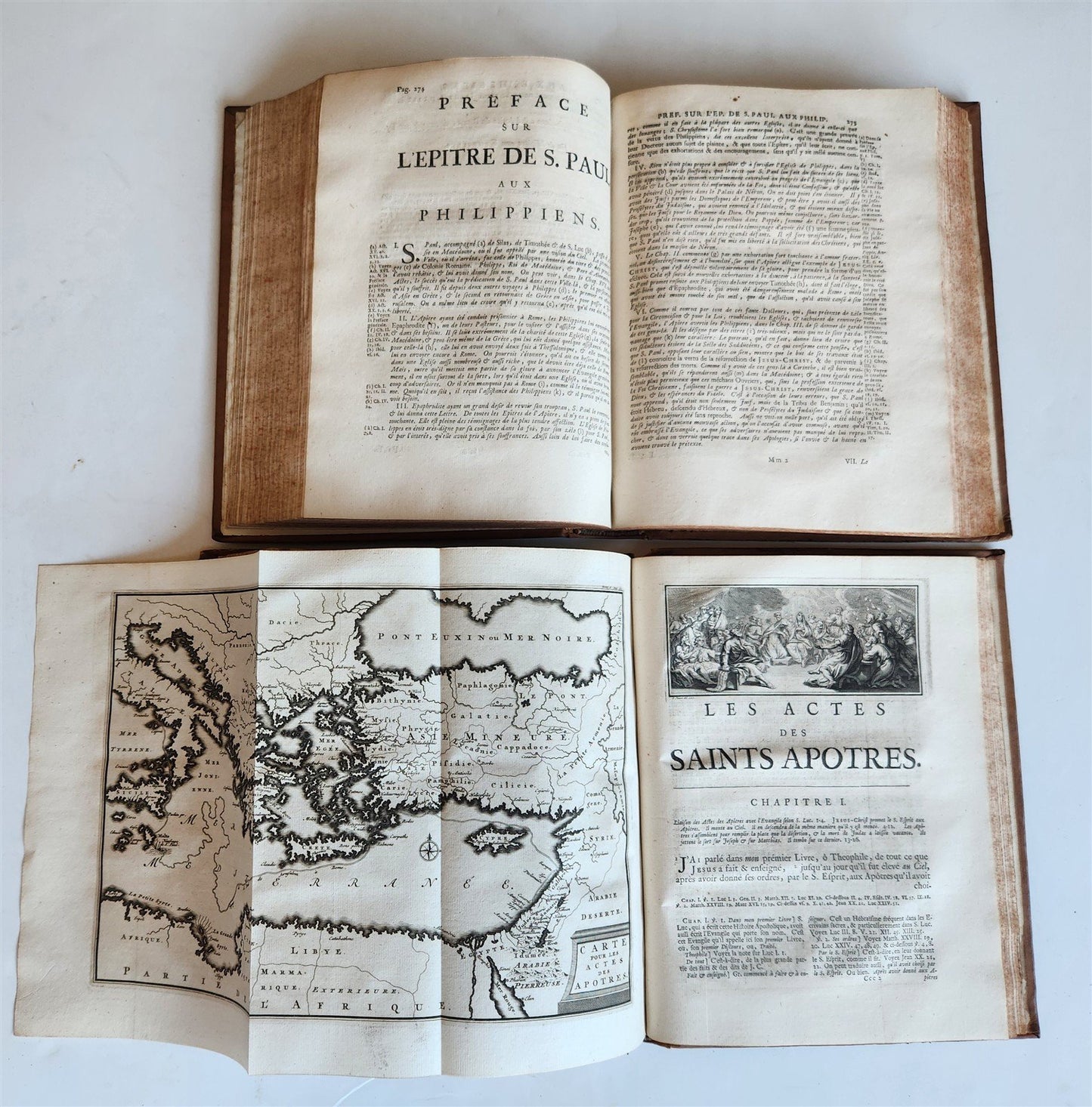 1718 BIBLE in FRENCH 2 volumes NEW TESTAMENT antique ILLUSTRATED w/ MAPS