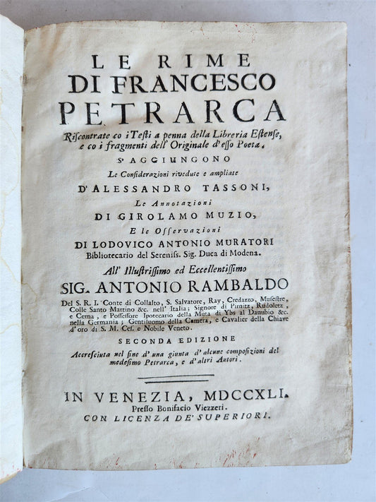 1741 FRANCESCO PETRARCA antique VELLUM BOUND