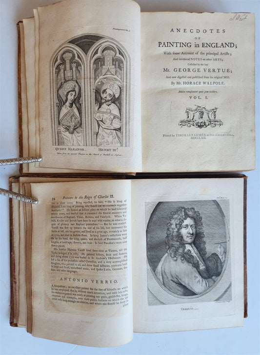 1762 ANECDOTES of PAINTING in ENGLAND antique ILLUSTRATED w/90 engravings 2 vols