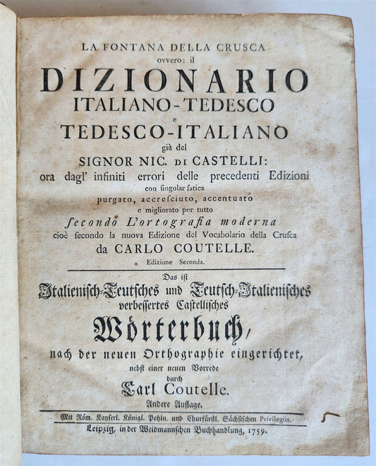 1759 ITALIAN GERMAN DICTIONARY antique Dizionario italiano-tedesco 18th CENTURY