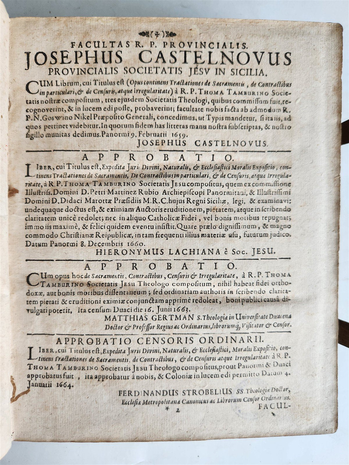 1665 THEOLOGY by Tommaso Tamburini antique PERIOD BINDING PIGSKIN w/ CLASPS