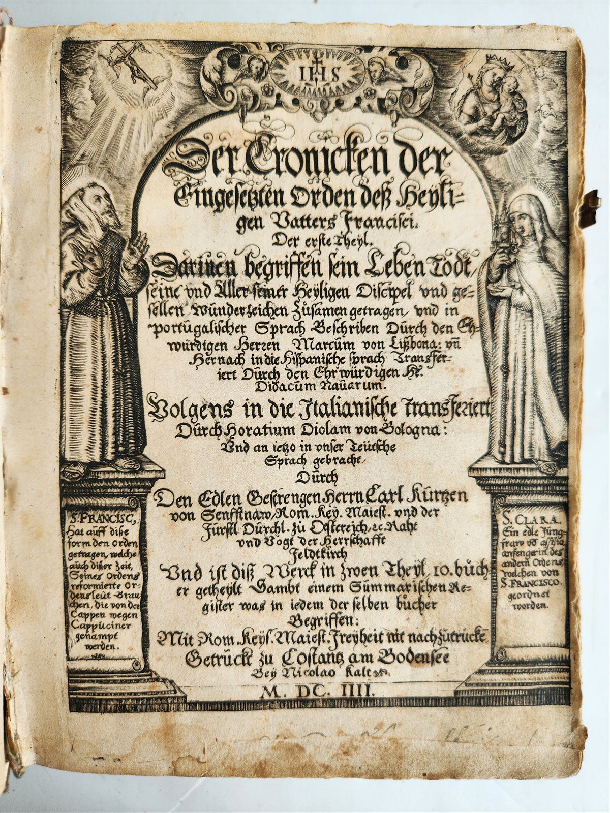 1604 HISTORY of FRANCISCAN ORDER in GERMAN by Mark of Lisbon antique PIGSKIN