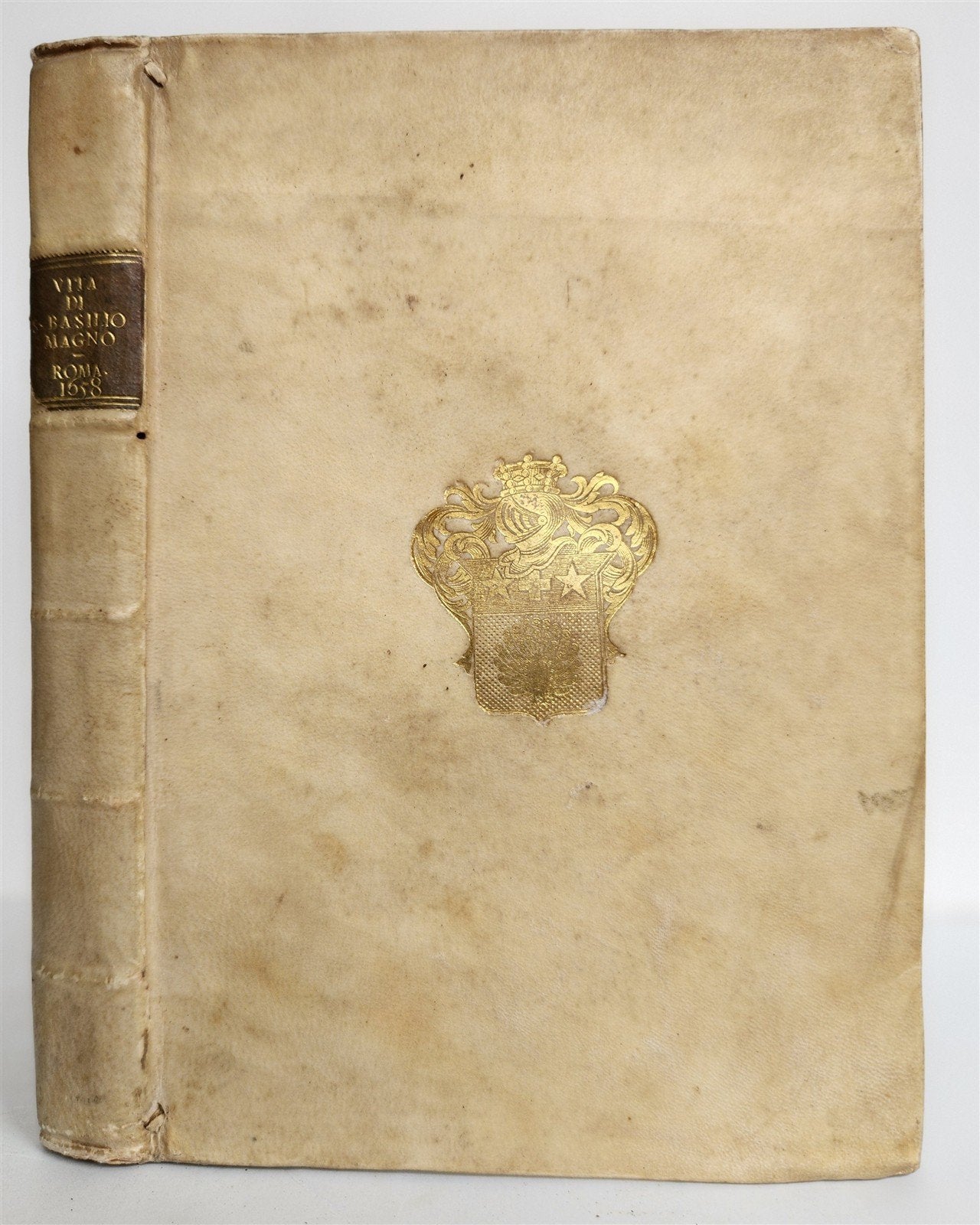 1658 LIFE of BASIL the GREAT antique VELLUM BINDING w/ COAT of ARMS provenance