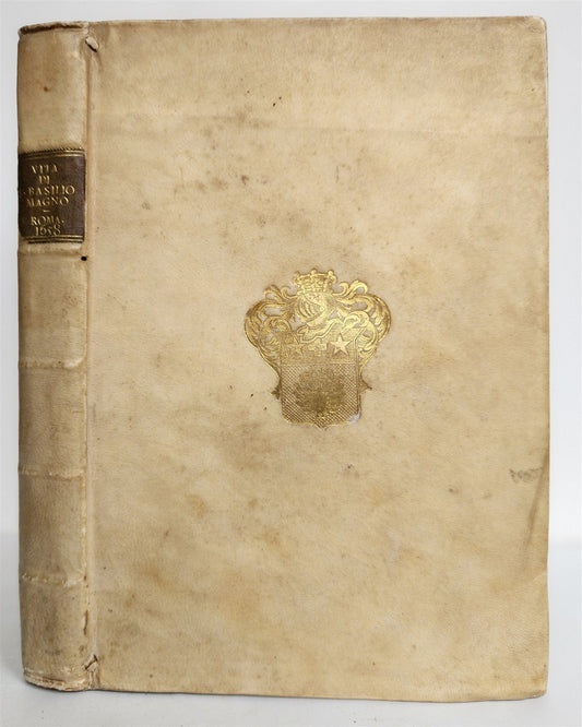 1658 LIFE of BASIL the GREAT antique VELLUM BINDING w/ COAT of ARMS provenance