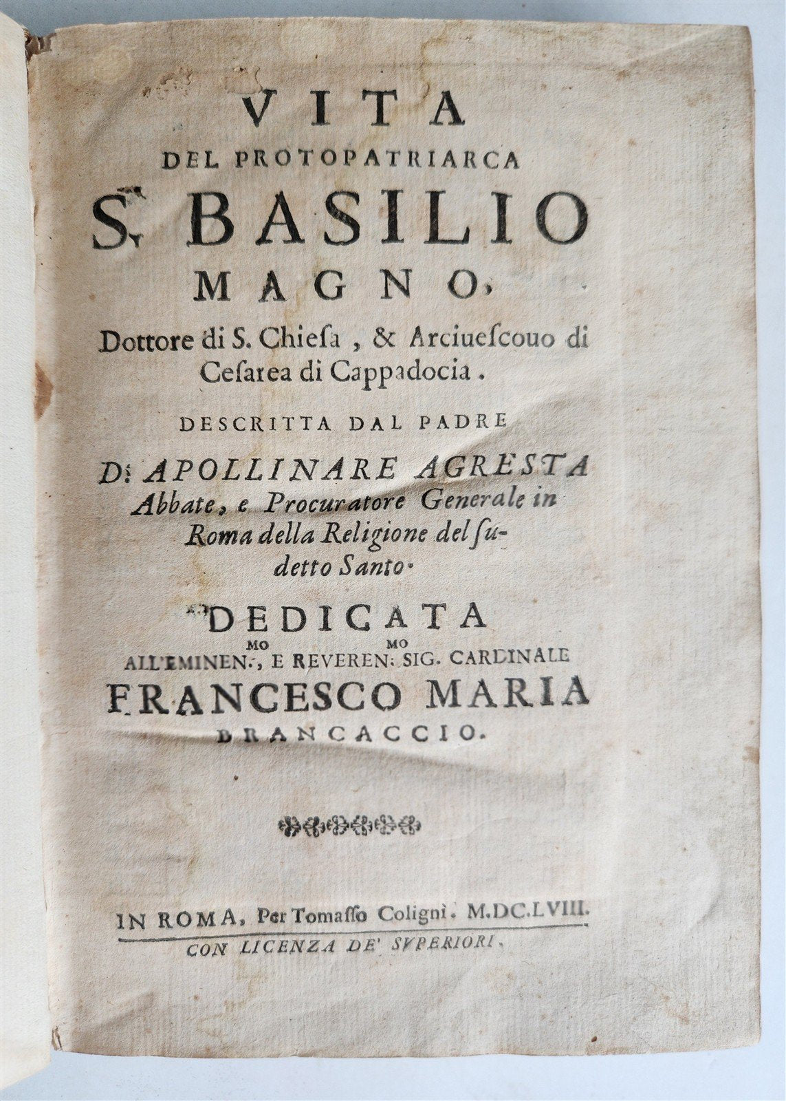 1658 LIFE of BASIL the GREAT antique VELLUM BINDING w/ COAT of ARMS provenance