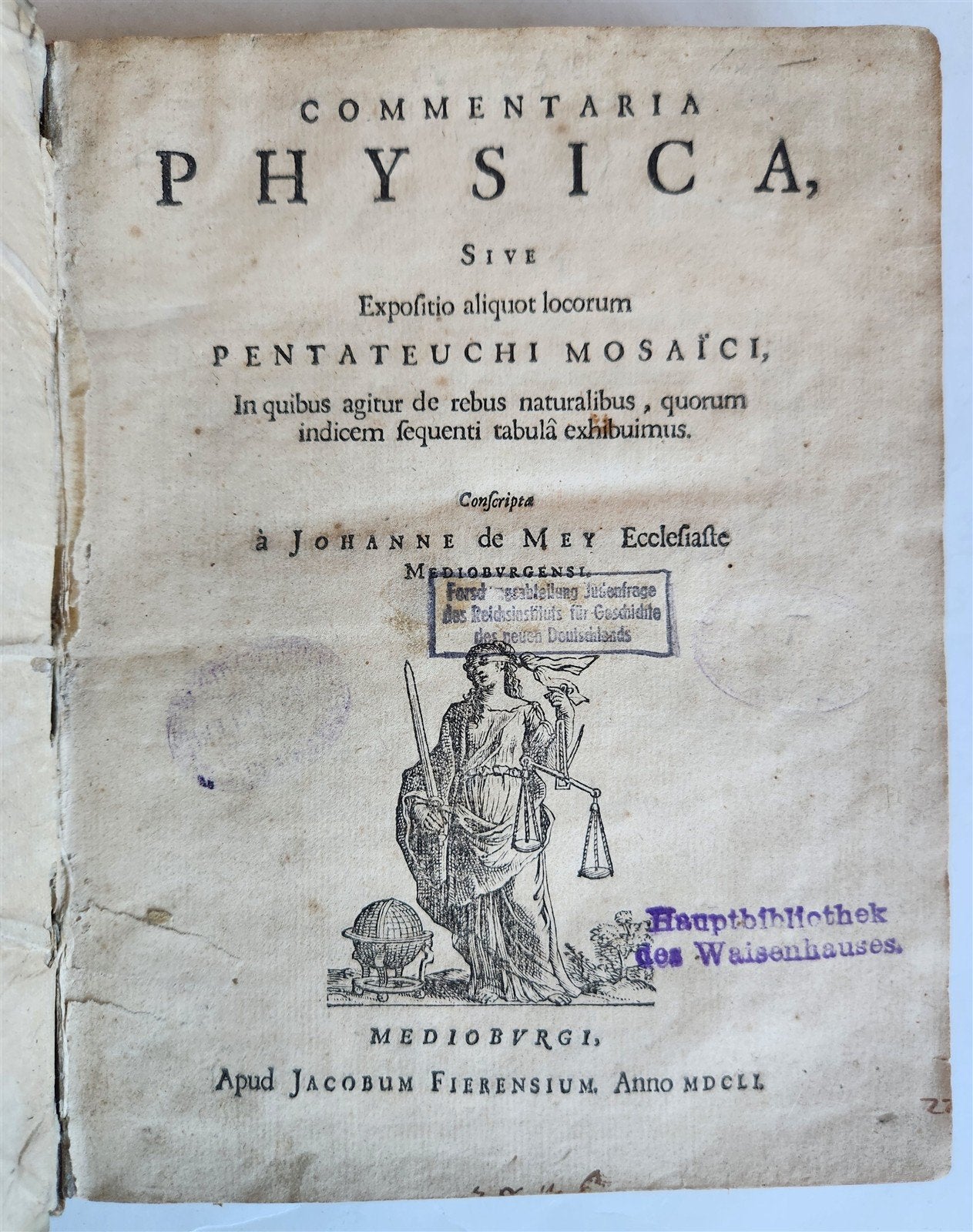 1651 COMMENTARIA PHYSICA by JOHANN MEY antique