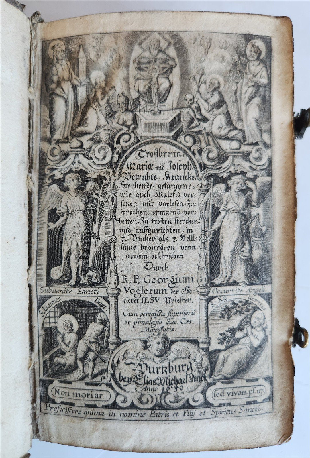 1650 PRAYER BOOK Vogler ILLUSTRATED antique DECORATIVE PIGSKIN BINDING w/ CLASPS