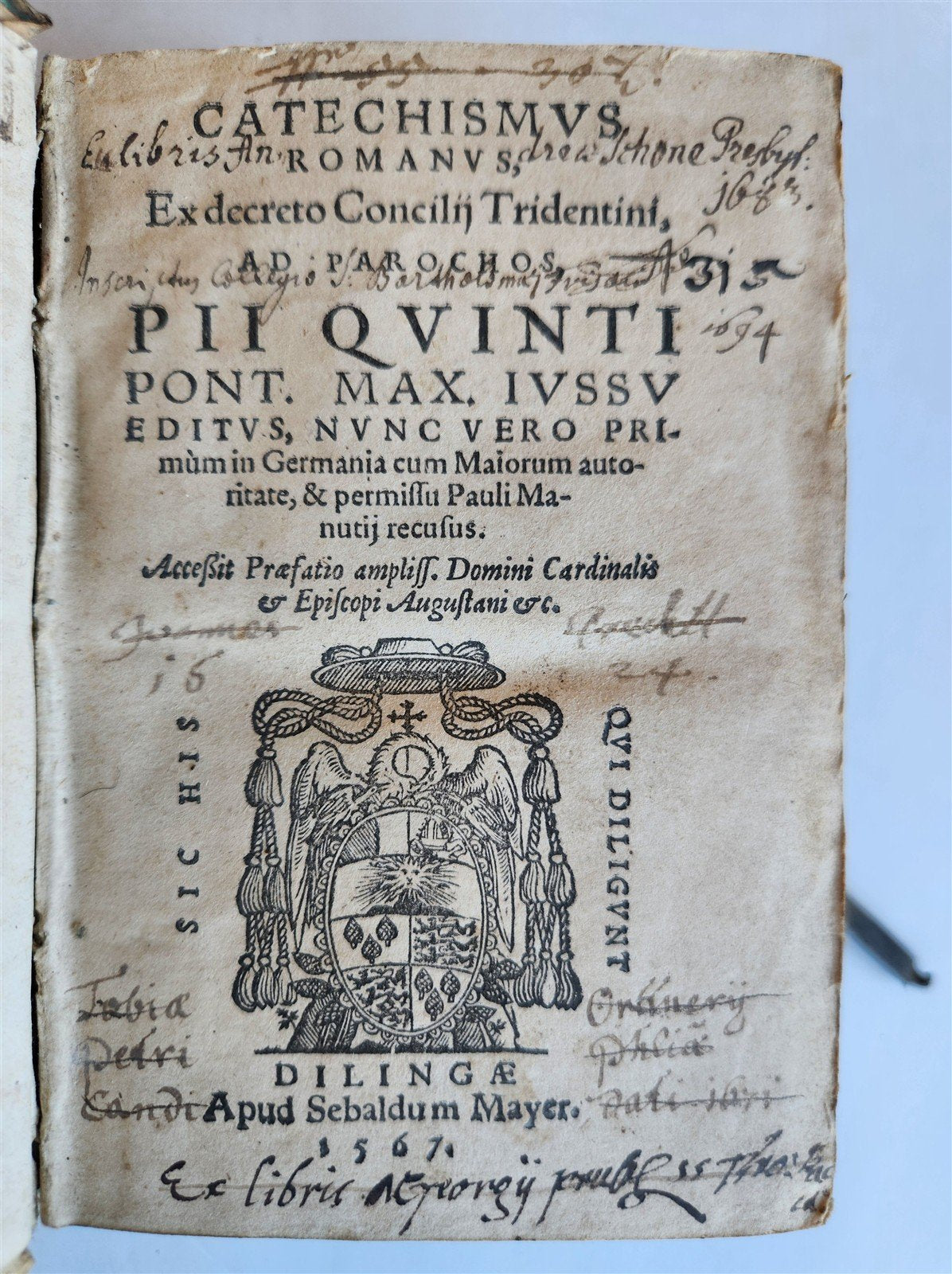1567 CATECHISMUS ROMANUS antique PIGSKIN over WOOD BINDING 16th CENTURY