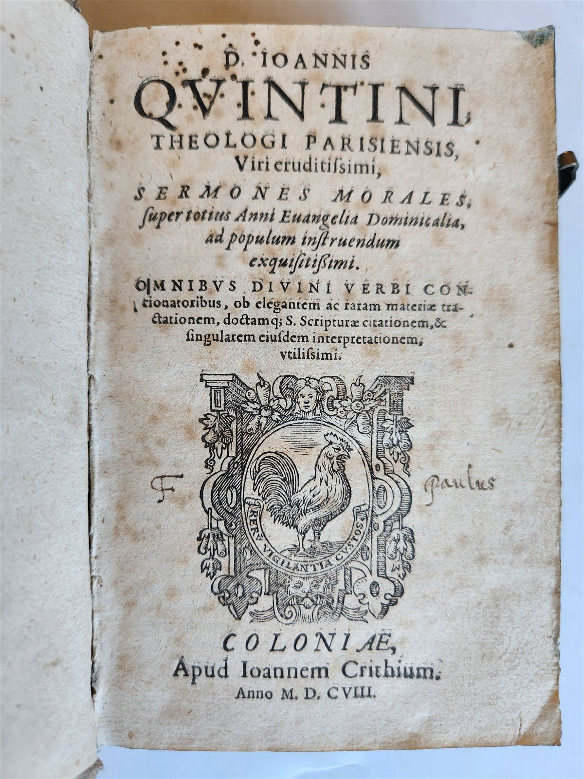 1608 SERMONS by JEAN QUINTIN antique PIGSKIN over WOOD BINDING