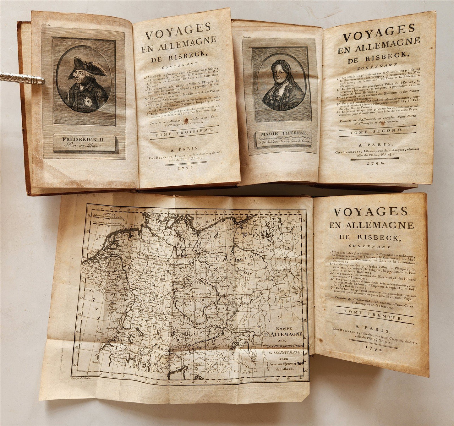 1792 TRAVELS TO GERMANY by RISBECK 3 VOLS antique Voyages en Allemagne w/ MAP