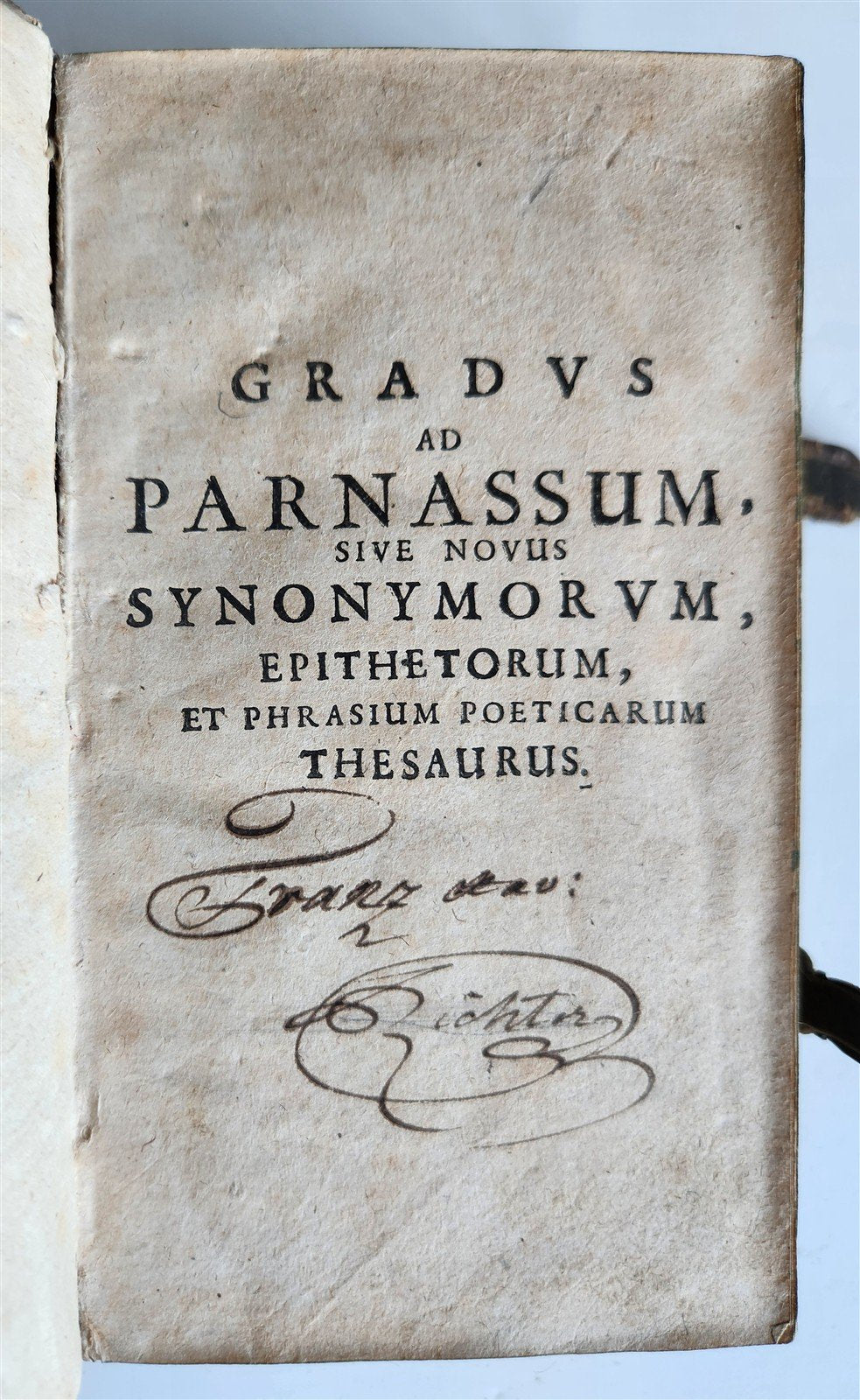 1691 Gradus ad Parnassum antique decorative PIGSKIN BINDING poetical dictionary