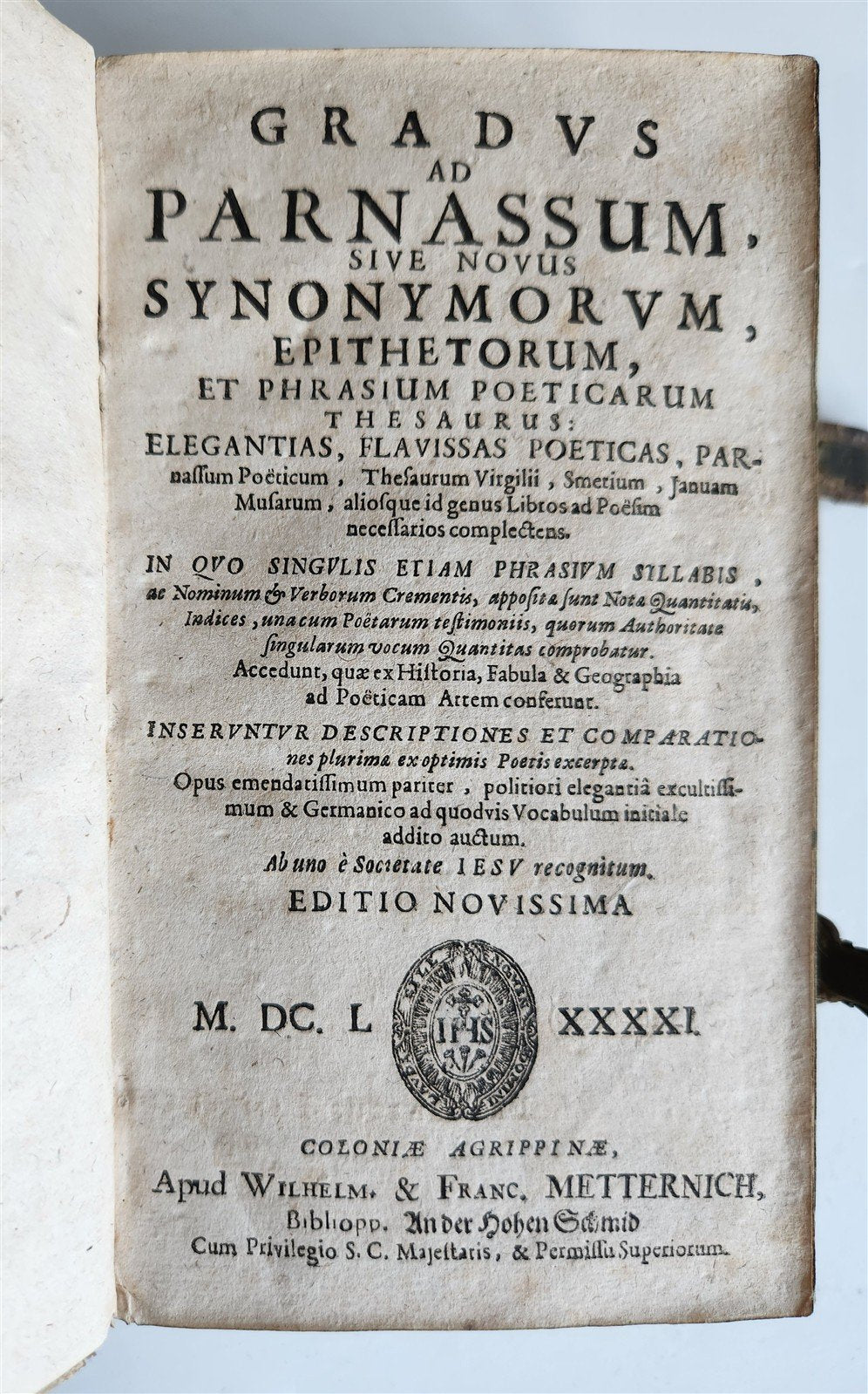 1691 Gradus ad Parnassum antique decorative PIGSKIN BINDING poetical dictionary