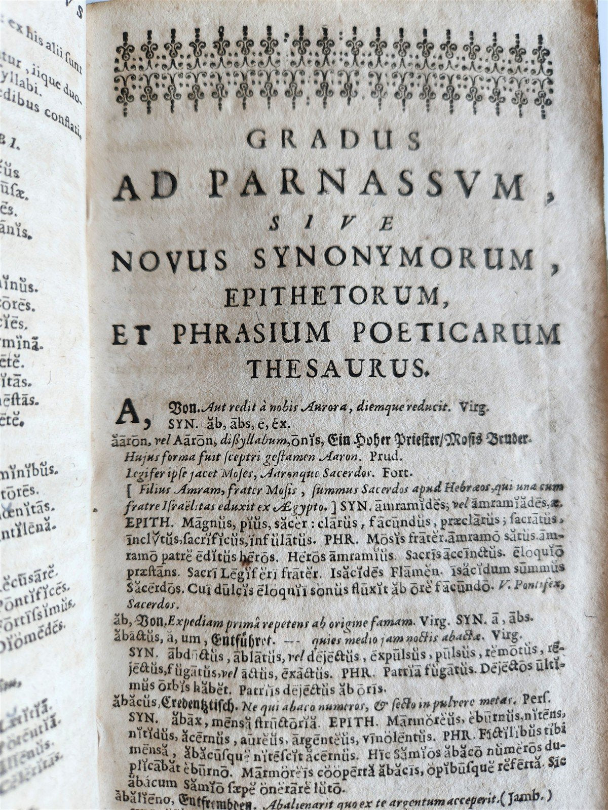 1691 Gradus ad Parnassum antique decorative PIGSKIN BINDING poetical dictionary