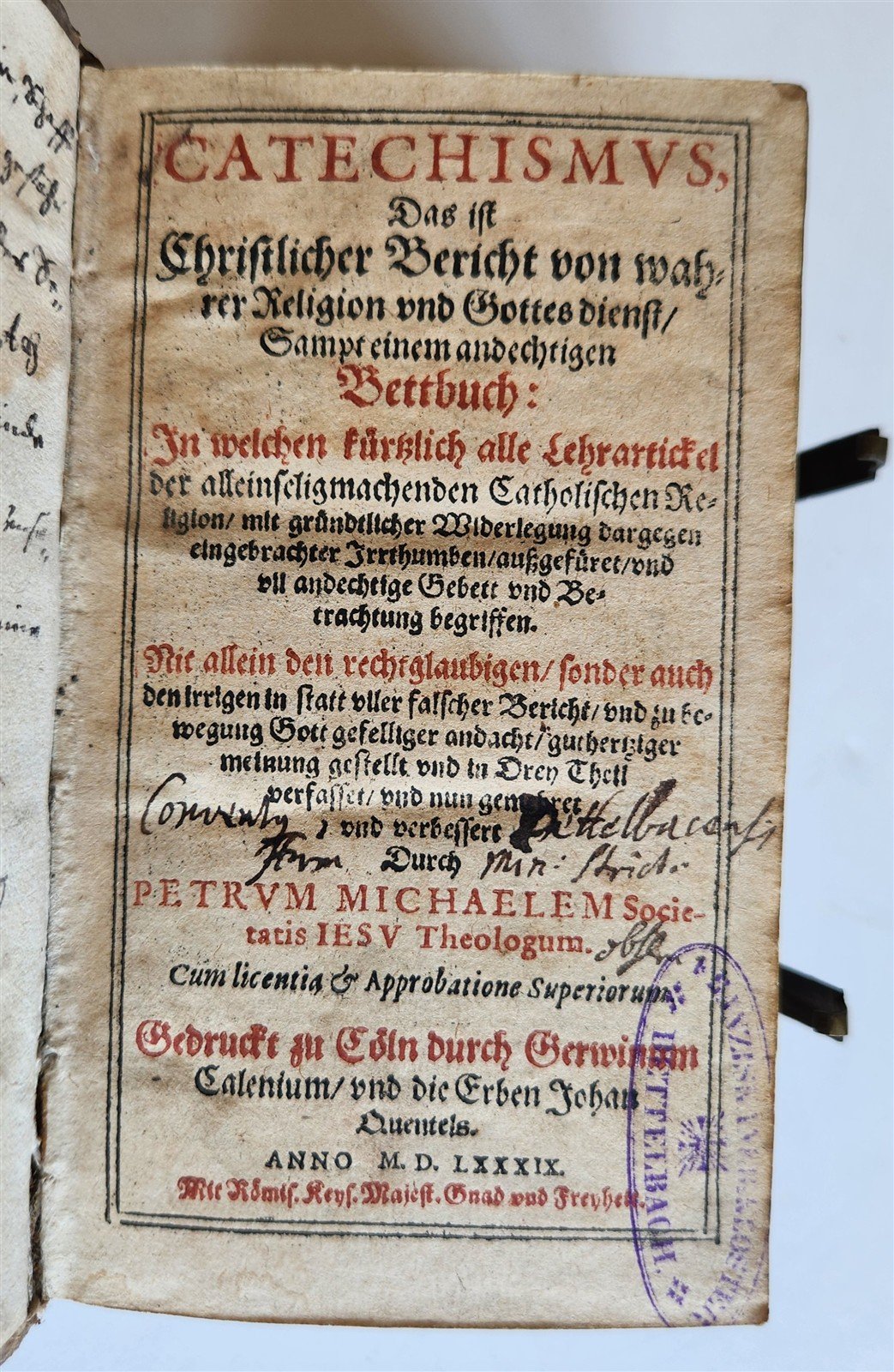 1589 CATECHISM in GERMAN by Michaelis Petrus antique PIGSKIN ILLUSTRATED 16th C.