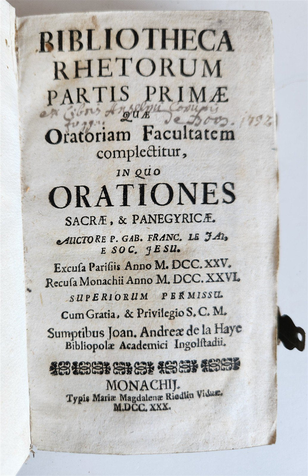 1730 Bibliotheca rhetorum in LATIN antique DECORATIVE PIGSKIN over WOOD BINDING