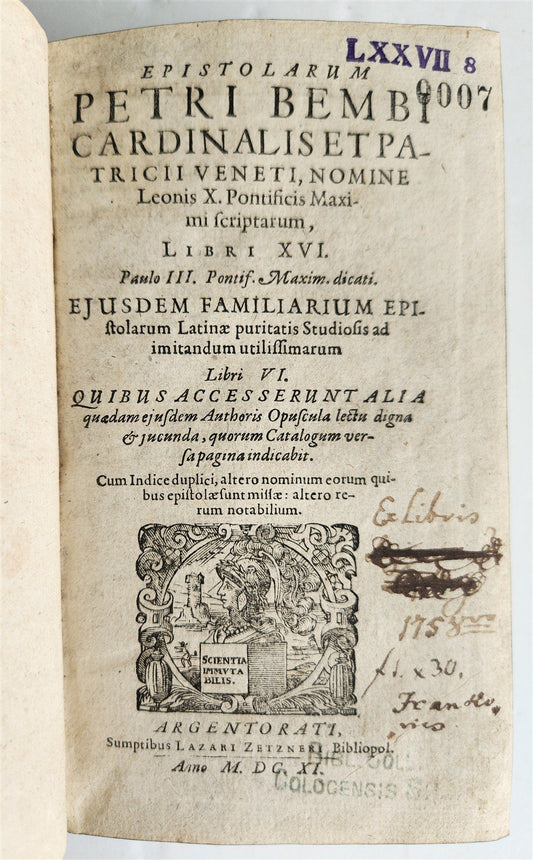 1611 PIETRO BEMBO EPISTOLARUM antique vellum bound 17th CENTURY