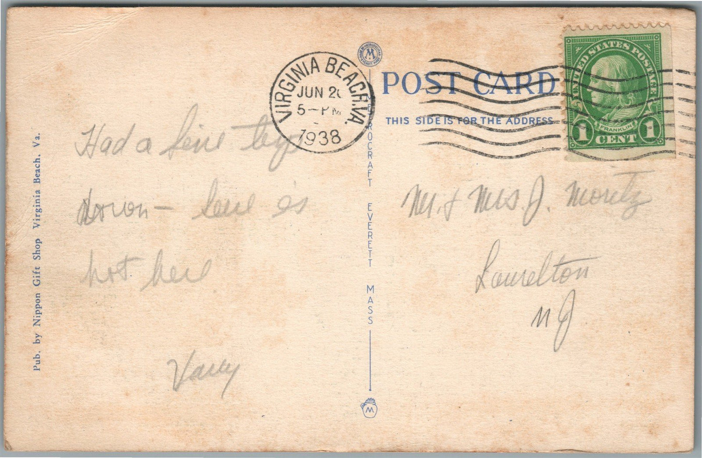 VIRGINIA BEACH VA OCEAN FRONT ANTIQUE POSTCARD