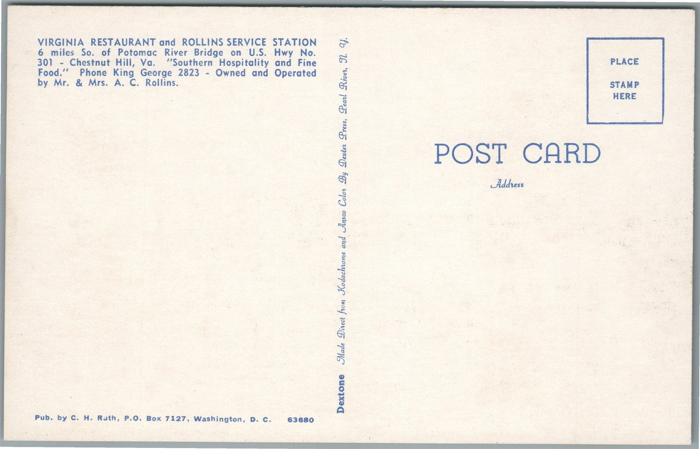 CHESTNUT HILL VA TEXACO GAS STATION VIRGINIA RESTAURANT VINTAGE POSTCARD
