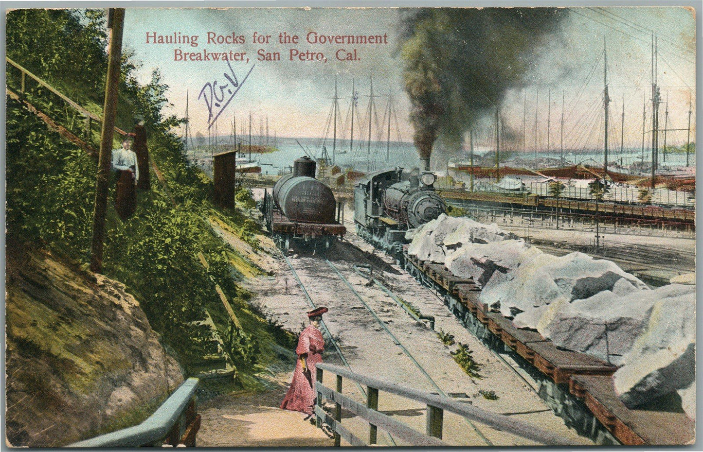 SAN PETRO CA HAULING ROCKS FOR THE GOVERNMENT BREAKWATER ANTIQUE POSTCARD