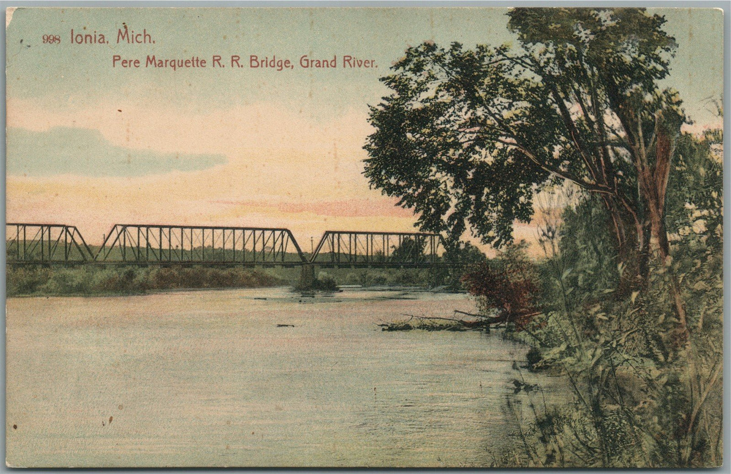 IONIA MI PERE MARQUETT RAILROAD BRIDGE ANTIQUE POSTCARD