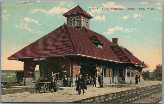 FLINT MI RAILROAD DEPOT RAILWAY STATION ANTIQUE POSTCARD