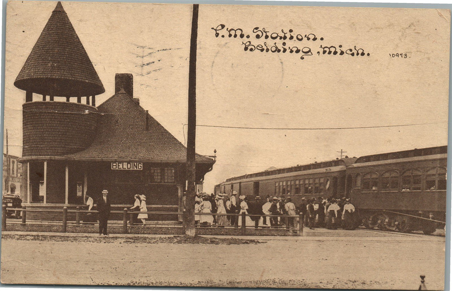BELDING MI RAILROAD DEPOT RAILWAY STATION ANTIQUE POSTCARD