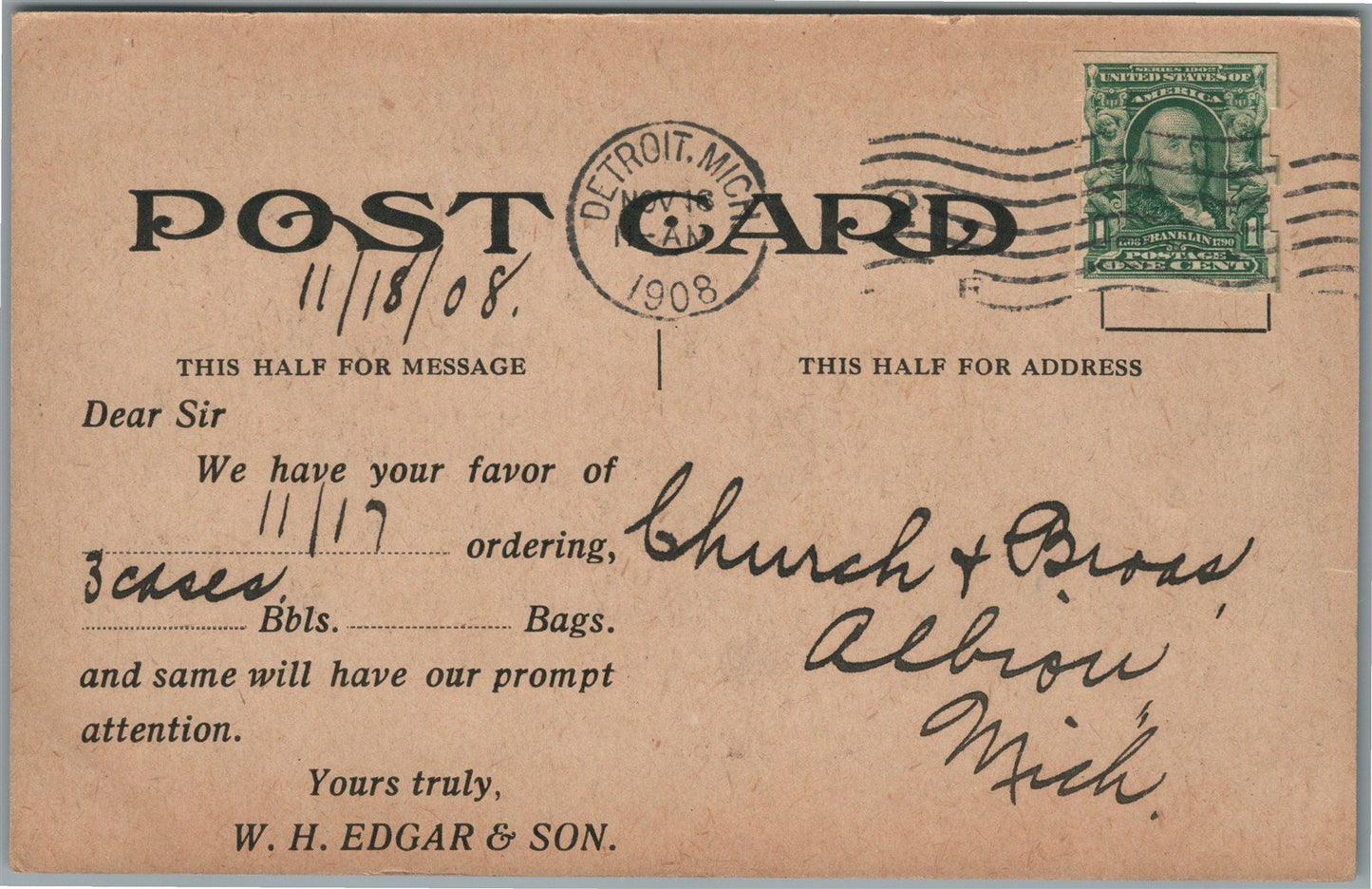 DETROIT MI EDGAR & SON FIREPROOF OFFICE & WAREHOUSE ANTIQUE POSTCARD